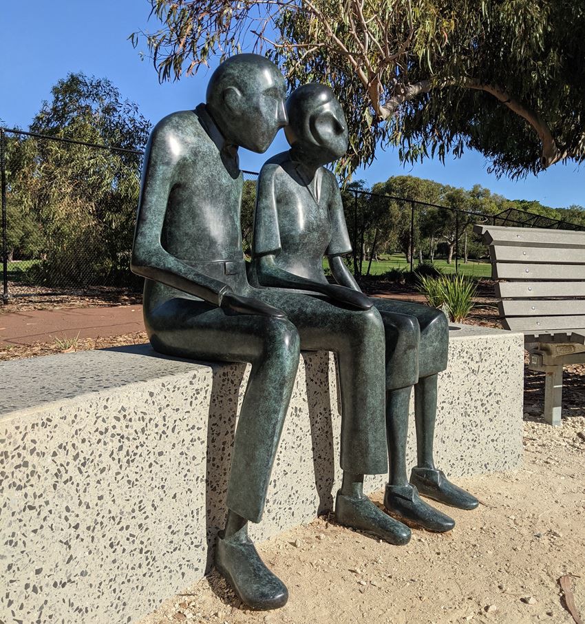 patina cast bronze old couple statue-Together